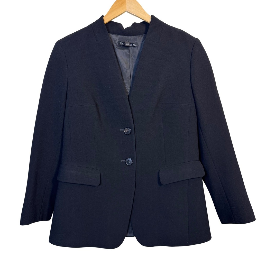 Lafayette 148 Size 12 Womens Blazer 100% Virgin‎ Wool Black Jacket Collarless